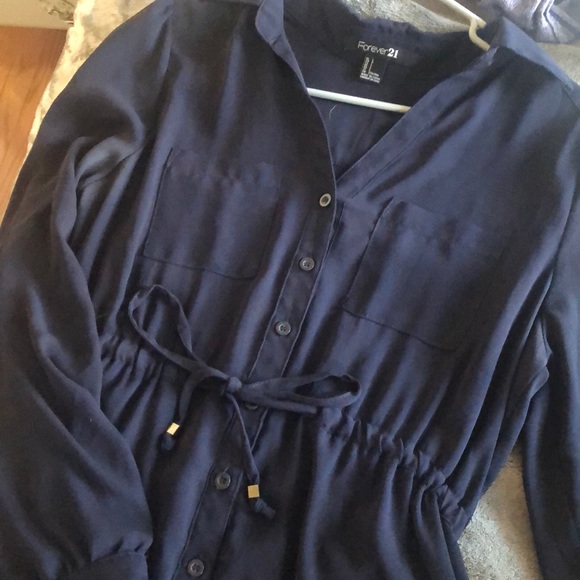 Vintage F21 long sleeve button down drawstring tie waist down navy mini dress - Picture 3 of 9